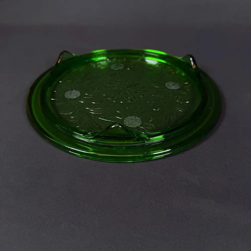 Depression Uranium Glass Flower 10'' Green Cake stand Plate vintage